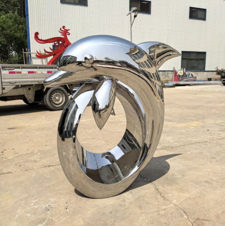 小区不锈钢镜面海豚雕塑